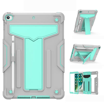 For iPad 10.2 / iPad Pro 10.5 T-shaped Bracket Contrast Color Shockproof PC + Silicone Flat Protective Case(Grey+Mint Green)-garmade.com