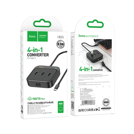 hoco HB35 4 in 1 USB-C / Type-C to USB2.0x3+RJ45 100M Ethernet Adapter, Cable Length: 0.2m(Black)-garmade.com