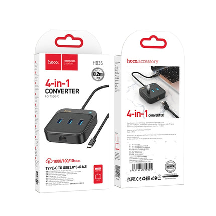 hoco HB35 4 in 1 USB-C / Type-C to USB3.0x3+RJ45 Gigabit Ethernet Adapter, Cable Length: 0.2m(Black)-garmade.com