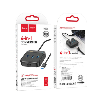 hoco HB35 4 in 1 USB to USB3.0x3+RJ45 Gigabit Ethernet Adapter, Cable Length:0.2m(Black)-garmade.com