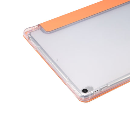 For iPad Air (2019)/Pro 10.5 (2017) 3-folding Electric Pressed Skin Texture Horizontal Flip Shockproof Transparent TPU + PU Leather Case with Holder & Pen Slot & Sleep / Wake-up Function(Orange)-garmade.com