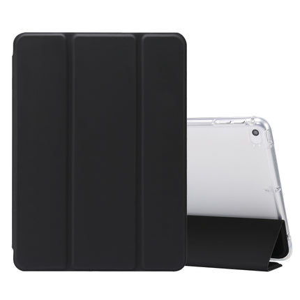 For iPad mini (2019) / mini 4 3-folding Electric Pressed Skin Texture Horizontal Flip Shockproof Transparent TPU + PU Leather Case with Holder & Pen Slot & Sleep / Wake-up Function(Black)-garmade.com