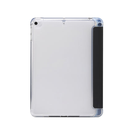 For iPad mini (2019) / mini 4 3-folding Electric Pressed Skin Texture Horizontal Flip Shockproof Transparent TPU + PU Leather Case with Holder & Pen Slot & Sleep / Wake-up Function(Black)-garmade.com