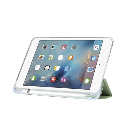 For iPad mini (2019) / mini 4 3-folding Electric Pressed Skin Texture Horizontal Flip Shockproof Transparent TPU + PU Leather Case with Holder & Pen Slot & Sleep / Wake-up Function(Green)-garmade.com
