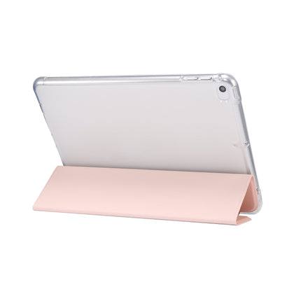 For iPad mini (2019) / mini 4 3-folding Electric Pressed Skin Texture Horizontal Flip Shockproof Transparent TPU + PU Leather Case with Holder & Pen Slot & Sleep / Wake-up Function(Light Pink)-garmade.com