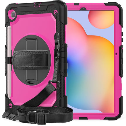 For Samsung Galaxy Tab S6 Lite P610 Shockproof Colorful Silicone + PC Protective Case with Holder & Shoulder Strap & Hand Strap & Pen Slot(Black+Rose Red)-garmade.com