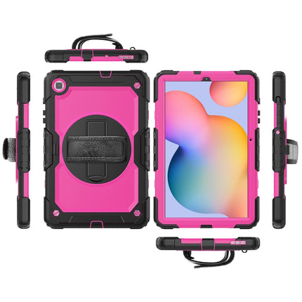 For Samsung Galaxy Tab S6 Lite P610 Shockproof Colorful Silicone + PC Protective Case with Holder & Shoulder Strap & Hand Strap & Pen Slot(Black+Rose Red)-garmade.com
