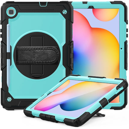 For Samsung Galaxy Tab S6 Lite P610 Shockproof Colorful Silicone + PC Protective Case with Holder & Shoulder Strap & Hand Strap & Pen Slot(Black Light Blue)-garmade.com