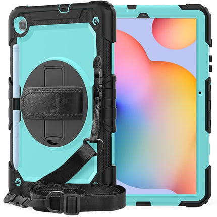 For Samsung Galaxy Tab S6 Lite P610 Shockproof Colorful Silicone + PC Protective Case with Holder & Shoulder Strap & Hand Strap & Pen Slot(Black Light Blue)-garmade.com