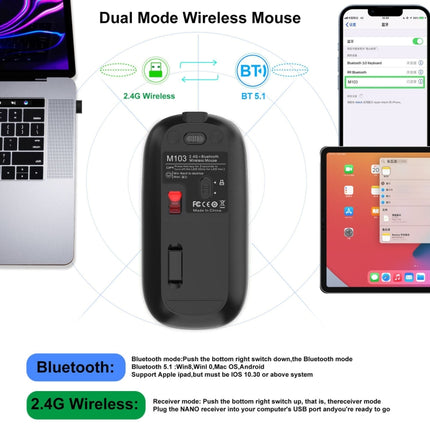 HXSJ M103 1600DPI Dual Mode 2.4GHz + Bluetooth 5.1 Wireless Rechargeable Mouse(Grey)-garmade.com