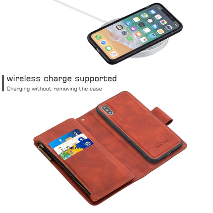 For iPhone XS / X Skin Feel Detachable Magnetic Zipper Horizontal Flip PU Leather Case with Multi-Card Slots & Holder & Wallet & Photo Frame & Lanyard(Brown)-garmade.com