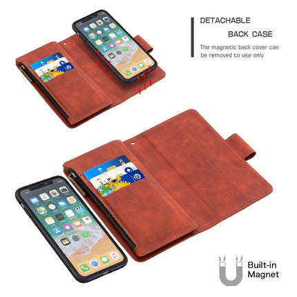 For iPhone XS / X Skin Feel Detachable Magnetic Zipper Horizontal Flip PU Leather Case with Multi-Card Slots & Holder & Wallet & Photo Frame & Lanyard(Brown)-garmade.com