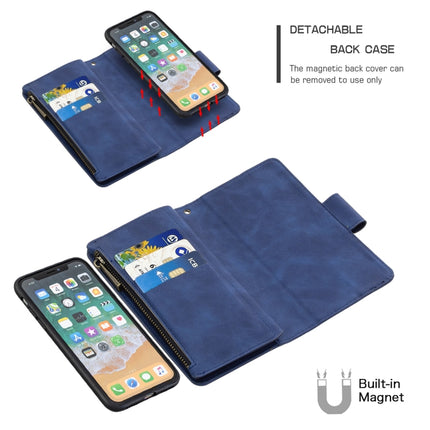 For iPhone XS / X Skin Feel Detachable Magnetic Zipper Horizontal Flip PU Leather Case with Multi-Card Slots & Holder & Wallet & Photo Frame & Lanyard(Blue)-garmade.com