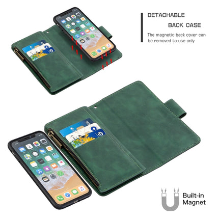 For iPhone XS / X Skin Feel Detachable Magnetic Zipper Horizontal Flip PU Leather Case with Multi-Card Slots & Holder & Wallet & Photo Frame & Lanyard(Green)-garmade.com