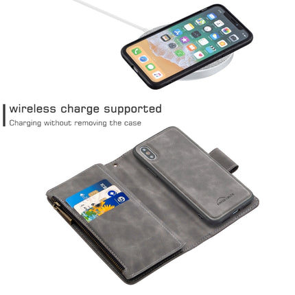 For iPhone XS / X Skin Feel Detachable Magnetic Zipper Horizontal Flip PU Leather Case with Multi-Card Slots & Holder & Wallet & Photo Frame & Lanyard(Grey)-garmade.com