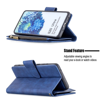For Samsung Galaxy S20 Ultra Skin Feel Detachable Magnetic Zipper Horizontal Flip PU Leather Case with Multi-Card Slots & Holder & Wallet & Photo Frame & Lanyard(Blue)-garmade.com