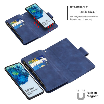 For Samsung Galaxy S20 Ultra Skin Feel Detachable Magnetic Zipper Horizontal Flip PU Leather Case with Multi-Card Slots & Holder & Wallet & Photo Frame & Lanyard(Blue)-garmade.com