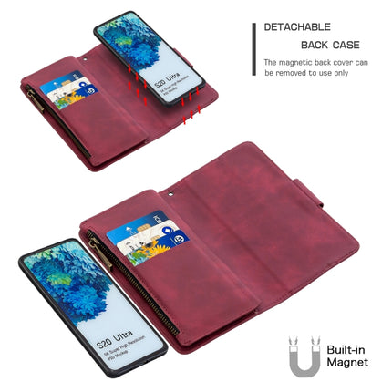 For Samsung Galaxy S20 Ultra Skin Feel Detachable Magnetic Zipper Horizontal Flip PU Leather Case with Multi-Card Slots & Holder & Wallet & Photo Frame & Lanyard(Red)-garmade.com