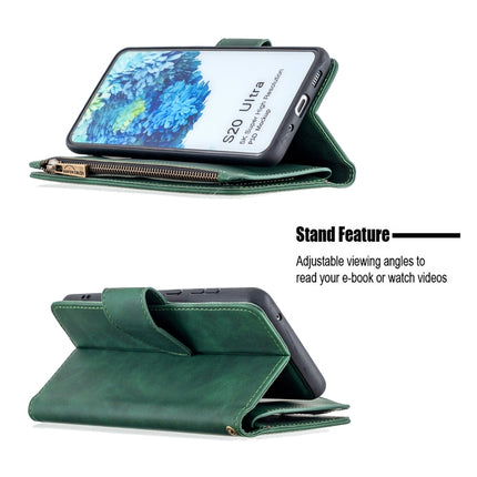 For Samsung Galaxy S20 Ultra Skin Feel Detachable Magnetic Zipper Horizontal Flip PU Leather Case with Multi-Card Slots & Holder & Wallet & Photo Frame & Lanyard(Green)-garmade.com