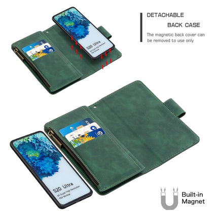 For Samsung Galaxy S20 Ultra Skin Feel Detachable Magnetic Zipper Horizontal Flip PU Leather Case with Multi-Card Slots & Holder & Wallet & Photo Frame & Lanyard(Green)-garmade.com