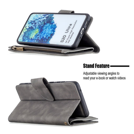 For Samsung Galaxy S20 Ultra Skin Feel Detachable Magnetic Zipper Horizontal Flip PU Leather Case with Multi-Card Slots & Holder & Wallet & Photo Frame & Lanyard(Grey)-garmade.com