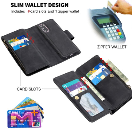 For Samsung Galaxy S20 Skin Feel Detachable Magnetic Zipper Horizontal Flip PU Leather Case with Multi-Card Slots & Holder & Wallet & Photo Frame & Lanyard(Black)-garmade.com