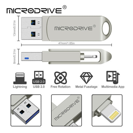 MicroDrive 2 In 1 8 Pin + USB 2.0 Portable Metal USB Flash Disk, Capacity:64GB(Silver)-garmade.com