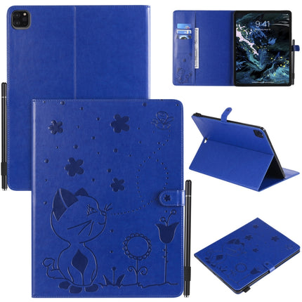 For iPad Pro 12.9 (2020) & (2018) Cat Bee Embossing Pattern Horizontal Flip Leather Tablet Case with Holder & Card Slots & Wallet & Pen Slot(Blue)-garmade.com