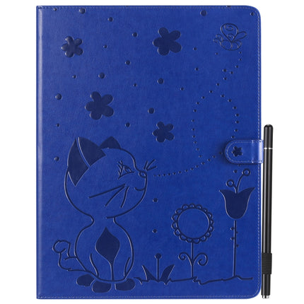 For iPad Pro 12.9 (2020) & (2018) Cat Bee Embossing Pattern Horizontal Flip Leather Tablet Case with Holder & Card Slots & Wallet & Pen Slot(Blue)-garmade.com