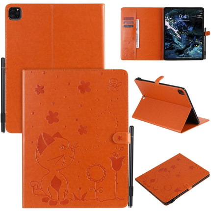 For iPad Pro 12.9 (2020) & (2018) Cat Bee Embossing Pattern Horizontal Flip Leather Tablet Case with Holder & Card Slots & Wallet & Pen Slot(Orange)-garmade.com