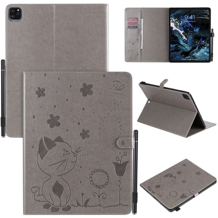 For iPad Pro 12.9 (2020) & (2018) Cat Bee Embossing Pattern Horizontal Flip Leather Tablet Case with Holder & Card Slots & Wallet & Pen Slot(Grey)-garmade.com