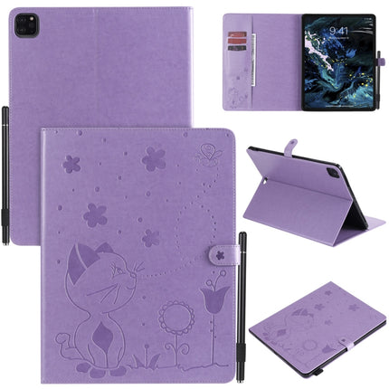 For iPad Pro 12.9 (2020) & (2018) Cat Bee Embossing Pattern Horizontal Flip Leather Tablet Case with Holder & Card Slots & Wallet & Pen Slot(Purple)-garmade.com