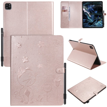 For iPad Pro 12.9 (2020) & (2018) Cat Bee Embossing Pattern Horizontal Flip Leather Tablet Case with Holder & Card Slots & Wallet & Pen Slot(Rose Gold)-garmade.com