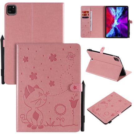 For iPad Pro 11 (2020) & (2018) Cat Bee Embossing Pattern Horizontal Flip Leather Tablet Case with Holder & Card Slots & Wallet & Pen Slot & Wake-up / Sleep Function(Pink)-garmade.com