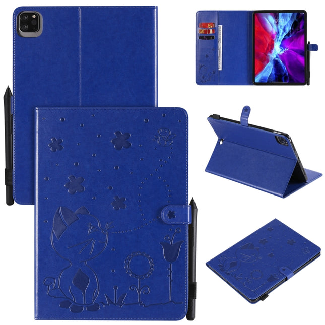 For iPad Pro 11 (2020) & (2018) Cat Bee Embossing Pattern Horizontal Flip Leather Tablet Case with Holder & Card Slots & Wallet & Pen Slot & Wake-up / Sleep Function(Blue)-garmade.com