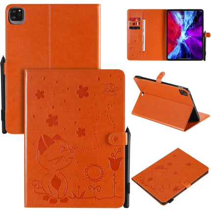 For iPad Pro 11 (2020) & (2018) Cat Bee Embossing Pattern Horizontal Flip Leather Tablet Case with Holder & Card Slots & Wallet & Pen Slot & Wake-up / Sleep Function(Orange)-garmade.com