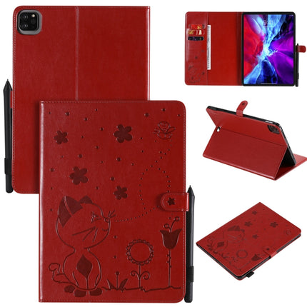 For iPad Pro 11 (2020) & (2018) Cat Bee Embossing Pattern Horizontal Flip Leather Tablet Case with Holder & Card Slots & Wallet & Pen Slot & Wake-up / Sleep Function(Red)-garmade.com