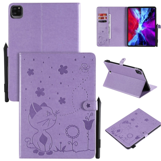 For iPad Pro 11 (2020) & (2018) Cat Bee Embossing Pattern Horizontal Flip Leather Tablet Case with Holder & Card Slots & Wallet & Pen Slot & Wake-up / Sleep Function(Purple)-garmade.com