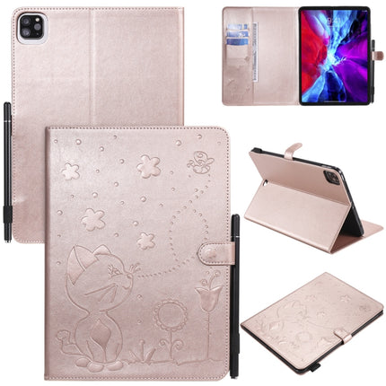 For iPad Pro 11 (2020) & (2018) Cat Bee Embossing Pattern Horizontal Flip Leather Tablet Case with Holder & Card Slots & Wallet & Pen Slot & Wake-up / Sleep Function(Rose Gold)-garmade.com