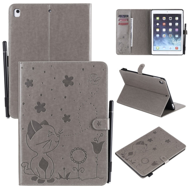 For iPad Air 2 / Air / 9.7 (2018) & (2017) Cat Bee Embossing Pattern Horizontal Flip Leather Case with Holder & Card Slots & Wallet & Pen Slot & Wake-up / Sleep Function(Grey)-garmade.com
