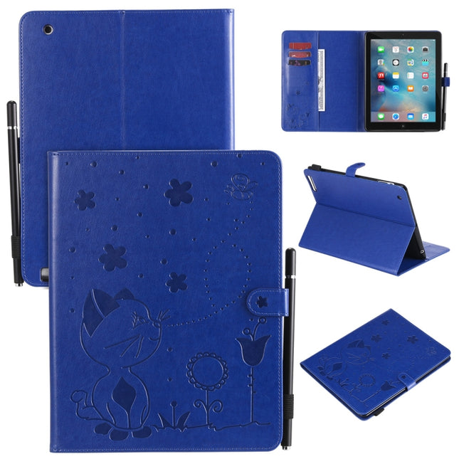 For iPad 4 / 3 / 2 Cat Bee Embossing Pattern Horizontal Flip Leather Case with Holder & Card Slots & Wallet & Pen Slot & Wake-up / Sleep Function(Blue)-garmade.com