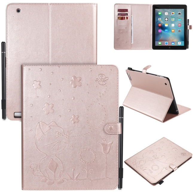For iPad 4 / 3 / 2 Cat Bee Embossing Pattern Horizontal Flip Leather Case with Holder & Card Slots & Wallet & Pen Slot & Wake-up / Sleep Function(Rose Gold)-garmade.com