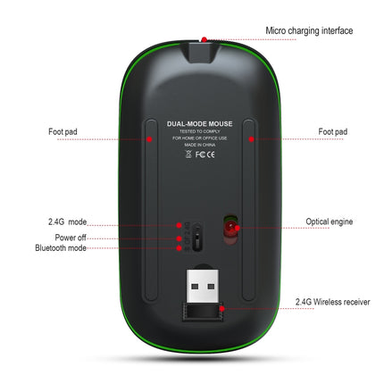 HXSJ T18 2.4GHZ 1600dpi Dual-mode Light-emitting Wireless Mouse USB + Bluetooth 5.1 Rechargeable-garmade.com