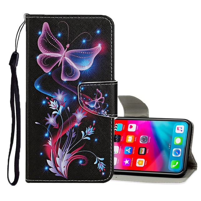 For iPhone XS Max Colored Drawing Pattern Horizontal Flip Leather Case with Holder & Card Slots & Wallet(Fluorescent Butterfly)-garmade.com