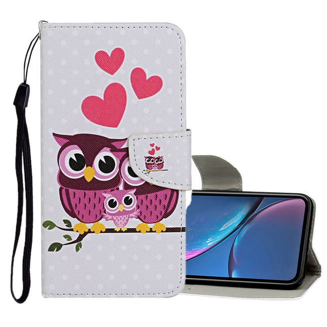 For iPhone XR Colored Drawing Pattern Horizontal Flip Leather Case with Holder & Card Slots & Wallet(Owl Family)-garmade.com
