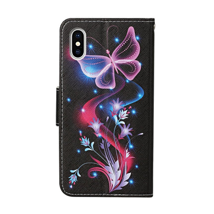For iPhone X / XS Colored Drawing Pattern Horizontal Flip Leather Case with Holder & Card Slots & Wallet(Fluorescent Butterfly)-garmade.com