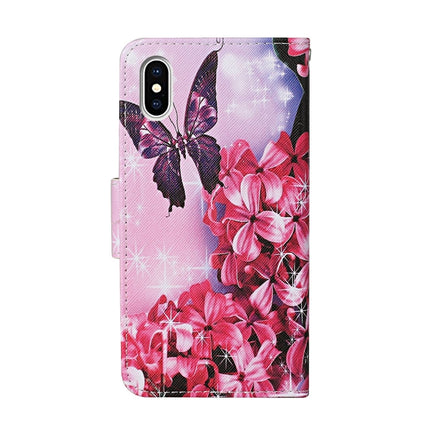 For iPhone X / XS Colored Drawing Pattern Horizontal Flip Leather Case with Holder & Card Slots & Wallet(Red Flower Butterfly)-garmade.com