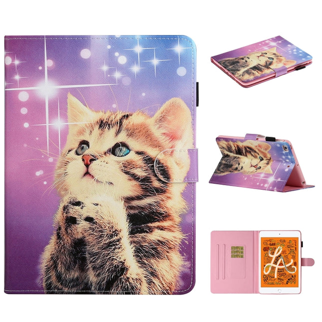 For iPad Mini 2019 & 4 & 3 & 2 & 1 Colored Drawing Pattern Horizontal Flip PU Leather Case with Holder & Card Slot & Sleep / Wake-up Function(Starry Cat)-garmade.com