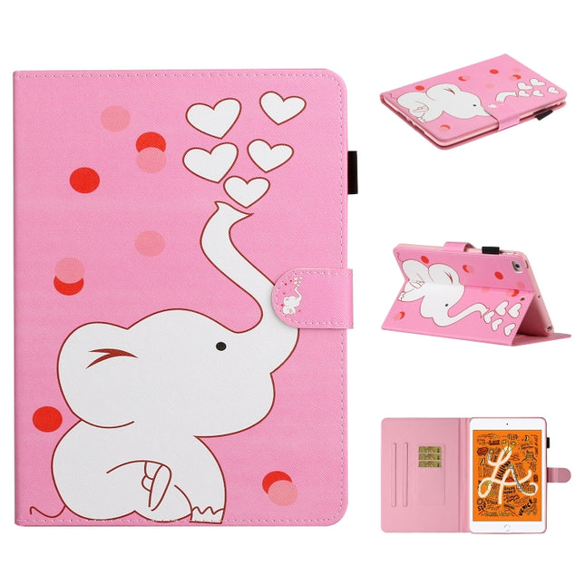 For iPad Mini 2019 & 4 & 3 & 2 & 1 Colored Drawing Pattern Horizontal Flip PU Leather Case with Holder & Card Slot & Sleep / Wake-up Function(Loving Elephant)-garmade.com