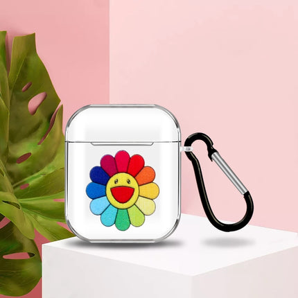 For Apple AirPods 1/2 Cartoon Pattern Transparent TPU Earphone Case with Keychain(Sun Flower)-garmade.com